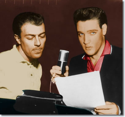 A never before seen picture of Ray Walker and Elvis Presley working on a part for the G.I. Blues soundtrack. Radio Recorders 1960.
