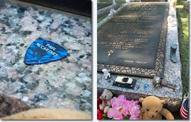 Paul McCartney's guitar pick to the side of Elvis' grave